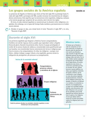 77
IHISTORIA
Los grupos sociales de la América española
La presencia de España en América que inició al final del siglo XV se prolongó hasta fi-
nales del siglo XVIII y principios del XIX, cuando iniciaron los movimientos de indepen-
dencia americanos. Esto significa que la convivencia entre españoles, indígenas, esclavos
y los nuevos grupos que surgieron de sus uniones, duró más de tres siglos.
Al inicio, la vida colonial española se caracterizó por la división entre indígenas y es-
pañoles. Sin embargo, con el paso del tiempo hubo cambios y permanencias en el orden
social colonial.
6.	 Dividan el grupo en dos, una mitad leerá el texto “Durante el siglo XVI” y la otra,
“Durante el siglo XVII”.
Sesión 24
Desde las primeras décadas, las sociedades coloniales españolas se carac-
terizaron por estar jerarquizadas.
Durante el siglo XVI
Los primeros españoles que llegaron a América fueron conquistadores;
hombres con sed de riqueza, honra y poder, que esperaban volver a España
llenos de gloria. Durante los primeros años, fueron el grupo privilegiado al
recibir de la corona títulos de nobleza y encomiendas como gratificación por
sus hazañas. Las encomiendas fueron concesiones de tierras e indígenas que
hizo la corona a los conquistadores. En ellas, los indígenas —aunque eran
libres— debían trabajar y pagar tributo a los españoles, quienes tenían la
obligación de protegerlos y de procurar su evangelización.
Conquistadores,
primeros colonos
y miembros de la Iglesia
Grupos indígenas
Esclavos
provenientes de
África
Inicios de la sociedad colonial
Mientras tanto…
Al tiempo que se llevaban a
cabo las conquistas en terri-
torio americano, en España se
discutía sobre los derechos de
esta nación para llevarlas a
cabo. Durante el siglo XVI, hubo
diferentes posturas de juristas y
teólogos sobre este tema. Por un
lado, estaban quienes apoyaban
la donación que el Papa Alejan-
dro VI había hecho a la corona
española de estas tierras, en
virtud de la autoridad que Dios
le concedía. Por otro, quienes
buscaron razones políticas y ju-
rídicas para legitimar el derecho
de España a América. De las
conclusiones a que se llegara
en estas discusiones dependía,
fundamentalmente, el destino
de los indígenas americanos. Por
ejemplo, su derecho a la libertad
o su condena a la esclavitud, su
derecho a la evangelización y
su lugar en la sociedad colonial.
Además, estas discusiones tam-
bién influyeron en las acciones
de los españoles, pues de ello
dependía que tuvieran derecho a
hacer la guerra a los indígenas,
el trato que debían darles e
incluso las acciones que podían
realizar los religiosos para evan-
gelizarlos.
HIST1 B1 S3.indd 77 6/2/07 9:33:29 PM
 