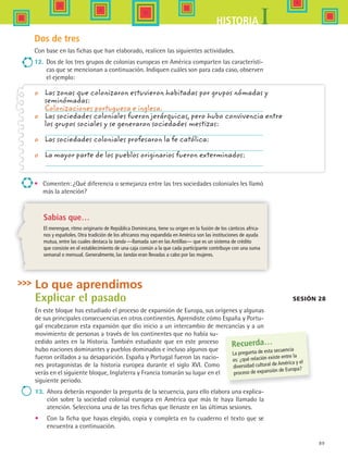 89
IHISTORIA
Lo que aprendimos
Explicar el pasado
En este bloque has estudiado el proceso de expansión de Europa, sus orígenes y algunas
de sus principales consecuencias en otros continentes. Aprendiste cómo España y Portu-
gal encabezaron esta expansión que dio inicio a un intercambio de mercancías y a un
movimiento de personas a través de los continentes que no había su-
cedido antes en la Historia. También estudiaste que en este proceso
hubo naciones dominantes y pueblos dominados e incluso algunos que
fueron orillados a su desaparición. España y Portugal fueron las nacio-
nes protagonistas de la historia europea durante el siglo XVI. Como
verás en el siguiente bloque, Inglaterra y Francia tomarán su lugar en el
siguiente periodo.
13.	 Ahora deberás responder la pregunta de la secuencia, para ello elabora una explica-
ción sobre la sociedad colonial europea en América que más te haya llamado la
atención. Selecciona una de las tres fichas que llenaste en las últimas sesiones.
•	 Con la ficha que hayas elegido, copia y completa en tu cuaderno el texto que se
encuentra a continuación.
Sesión 28
Recuerda…
La pregunta de esta secuencia
es: ¿qué relación existe entre la
diversidad cultural de América y el
proceso de expansión de Europa?
Dos de tres
Con base en las fichas que han elaborado, realicen las siguientes actividades.
12.	 Dos de los tres grupos de colonias europeas en América comparten las característi-
cas que se mencionan a continuación. Indiquen cuáles son para cada caso, observen
el ejemplo:
•	 Comenten: ¿Qué diferencia o semejanza entre las tres sociedades coloniales les llamó
más la atención?
o	 Las zonas que colonizaron estuvieron habitadas por grupos nómadas y
	 seminómadas:
	 Colonizaciones portuguesa e inglesa.
o	 Las sociedades coloniales fueron jerárquicas, pero hubo convivencia entre
	 los grupos sociales y se generaron sociedades mestizas:
o	 Las sociedades coloniales profesaron la fe católica:
o	 La mayor parte de los pueblos originarios fueron exterminados:
Sabías que…
El merengue, ritmo originario de República Dominicana, tiene su origen en la fusión de los cánticos africa-
nos y españoles. Otra tradición de los africanos muy expandida en América son las instituciones de ayuda
mutua, entre las cuales destaca la tanda —llamada san en las Antillas— que es un sistema de crédito
que consiste en el establecimiento de una caja común a la que cada participante contribuye con una suma
semanal o mensual. Generalmente, las tandas eran llevadas a cabo por las mujeres.
HIST1 B1 S3.indd 89 6/2/07 9:34:06 PM
 