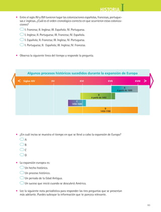 93
IHISTORIA
•	 Entre el siglo XV y XVI tuvieron lugar las colonizaciones españolas, francesas, portugue-
sas e inglesas. ¿Cuál es el orden cronológico correcto en que ocurrieron estas coloniza-
ciones?
I. Francesa; II. Inglesa; III. Española; IV. Portuguesa.
I. Inglesa; II. Portuguesa; III. Francesa; IV. Española.
I. Española; II. Francesa; III. Inglesa; IV. Portuguesa.
I. Portuguesa; II. Española; III. Inglesa; IV. Francesa.
•	 Observa la siguiente línea del tiempo y responde la pregunta.
•	 ¿En cuál inciso se muestra el tiempo en que se llevó a cabo la expansión de Europa?
A
B
C
D
•	 La expansión europea es:
Un hecho histórico.
Un proceso histórico.
Un periodo de la Edad Antigua.
Un suceso que inició cuando se descubrió América.
•	 Lee la siguiente nota periodística para responder las tres preguntas que se presentan
más adelante. Puedes subrayar la información que te parezca relevante.
Algunos procesos históricos sucedidos durante la expansión de Europa
A
A partir de 1600
B
A partir de 1492
C
1450-1600
D
1450-1700
Siglos XIV	 XV	 XVI	 XVII	 XVIII 
HIST1 B1 SEVA.indd 93 6/2/07 9:34:53 PM
 