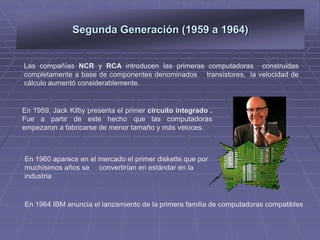 TransiciónEn 1947, John Bardeen, Walter Brattain y  William Shockely inventan el transistor, elemento que contiene material semiconductor (silicio) que permite el cambio de su estado eléctrico, comportándose como un interruptor controlado por corriente permite desarrollar ordenadores más rápidos, más pequeños y con menos consumo En 1951, Grace Murray Hopper propone los compiladoresy desarrolla COBOLEn 1954 es creado el Lenguaje FortranEn 1956 es acuñado el concepto de Inteligencia Artificial por John McCarthy…….