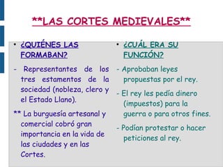 **LAS CORTES MEDIEVALES**
●
¿QUIÉNES LAS
FORMABAN?
- Representantes de los
tres estamentos de la
sociedad (nobleza, clero y
el Estado Llano).
** La burguesía artesanal y
comercial cobró gran
importancia en la vida de
las ciudades y en las
Cortes.
●
¿CUÁL ERA SU
FUNCIÓN?
- Aprobaban leyes
propuestas por el rey.
- El rey les pedía dinero
(impuestos) para la
guerra o para otros fines.
- Podían protestar o hacer
peticiones al rey.
 