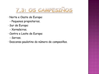 · Norte e Oeste de Europa:
  - Pequenos propietarios.
· Sur de Europa:
  - Xornaleiros.
· Centro e Leste de Europa:
  - Servos.
· Descenso paulatino do número de campesiños.
 