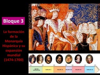 Bloque 3
La formación
de la
Monarquía
Hispánica y su
expansión
mundial
(1474-1700)
 