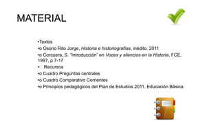 •Textos
•o Osorio Rito Jorge, Historia e historiografías, inédito. 2011
•o Corcuera, S. “Introducción” en Voces y silencios en la Historia, FCE,
1997, p.7-17
•Recursos
•o Cuadro Preguntas centrales
•o Cuadro Comparativo Corrientes
•o Principios pedagógicos del Plan de Estudios 2011. Educación Básica
MATERIAL
 