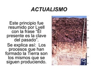 ACTUALISMO Este principio fue resumido por Lyell con la frase “El presente es la clave del pasado”. Se explica así:  Los procesos que han formado la Tierra son los mismos que se siguen produciendo. 