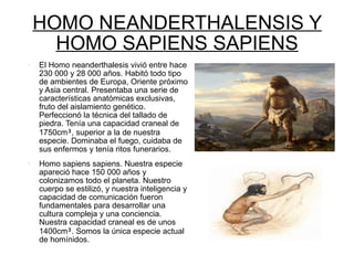 HOMO NEANDERTHALENSIS Y HOMO SAPIENS SAPIENS El Homo neanderthalesis vivió entre hace 230 000 y 28 000 años. Habitó todo tipo de ambientes de Europa, Oriente próximo y Asia central. Presentaba una serie de características anatómicas exclusivas, fruto del aislamiento genético. Perfeccionó la técnica del tallado de piedra. Tenía una capacidad craneal de 1750cm ³ , superior a la de nuestra especie. Dominaba el fuego, cuidaba de sus enfermos y tenía ritos funerarios. Homo sapiens sapiens. Nuestra especie apareció hace 150 000 años y colonizamos todo el planeta. Nuestro cuerpo se estilizó, y nuestra inteligencia y capacidad de comunicación fueron fundamentales para desarrollar una cultura compleja y una conciencia. Nuestra capacidad craneal es de unos 1400cm ³ . Somos la única especie actual de homínidos.  