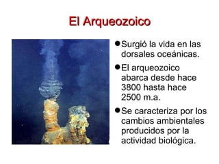 El Arqueozoico Surgió la vida en las dorsales oceánicas. El arqueozoico abarca desde hace 3800 hasta hace 2500 m.a. Se caracteriza por los cambios ambientales producidos por la actividad biológica.  