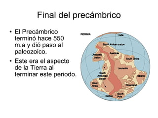 Final del precámbrico El Precámbrico terminó hace 550  m.a y dió paso al paleozoico.  Este era el aspecto de la Tierra al terminar este periodo. 