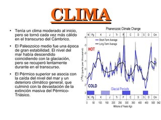 CLIMA Tenía un clima moderado al inicio, pero se tornó cada vez más cálido en el transcurso del Cámbrico. El Paleozoico medio fue una época de gran estabilidad. El nivel del mar había descendido coincidiendo con la glaciación, pero se recuperó lentamente durante en el transcurso. El Pérmico superior se asocia con la caída del nivel del mar y un deterioro climático general, que culminó con la devastación de la extinción masiva del Pérmico-Triásico. 