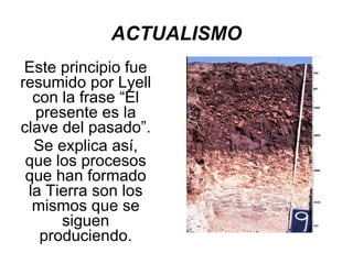ACTUALISMO Este principio fue resumido por Lyell con la frase “El presente es la clave del pasado”. Se explica así, que los procesos que han formado la Tierra son los mismos que se siguen produciendo. 