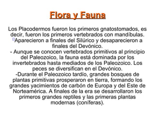 Flora y Fauna Los Placodermos fueron los primeros gnatostomados, es decir, fueron los primeros vertebrados con mandíbulas. [] Aparecieron a finales del Silúrico y desaparecieron a finales del Devónico. - Aunque se conocen vertebrados primitivos al principio del Paleozoico, la fauna está dominada por los invertebrados hasta mediados de los Paleozoico. Los peces se diversifican en el Devónico. -Durante el Paleozoico tardío, grandes bosques de plantas primitivas prosperaron en tierra, formando los grandes yacimientos de carbón de Europa y del Este de Norteamérica. A finales de la era se desarrollaron los primeros grandes reptiles y las primeras plantas modernas (coníferas). 
