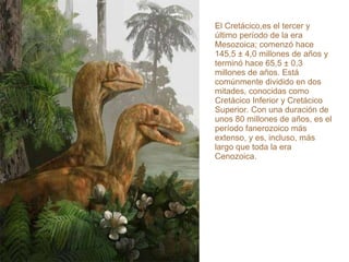 El Cretácico,es el tercer y último período de la era Mesozoica; comenzó hace 145,5 ± 4,0 millones de años y terminó hace 65,5 ± 0,3 millones de años. Está comúnmente dividido en dos mitades, conocidas como Cretácico Inferior y Cretácico Superior. Con una duración de unos 80 millones de años, es el período fanerozoico más extenso, y es, incluso, más largo que toda la era Cenozoica. 