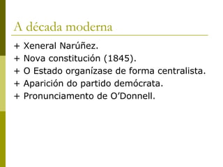 A década moderna
+   Xeneral Narúñez.
+   Nova constitución (1845).
+   O Estado organízase de forma centralista.
+   Aparición do partido demócrata.
+   Pronunciamento de O’Donnell.
 