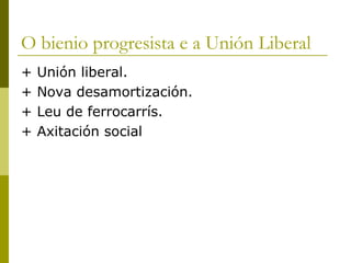 O bienio progresista e a Unión Liberal
+   Unión liberal.
+   Nova desamortización.
+   Leu de ferrocarrís.
+   Axitación social
 