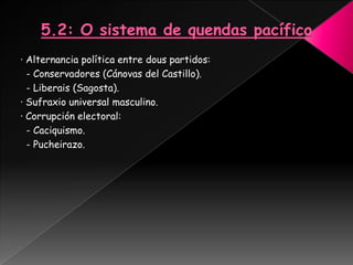 · Alternancia política entre dous partidos:
  - Conservadores (Cánovas del Castillo).
  - Liberais (Sagosta).
· Sufraxio universal masculino.
· Corrupción electoral:
  - Caciquismo.
  - Pucheirazo.
 