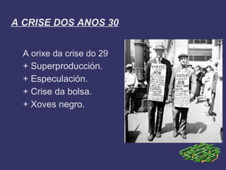 A CRISE DOS ANOS 30


  A orixe da crise do 29
  + Superproducción.
  + Especulación.
  + Crise da bolsa.
  + Xoves negro.
 