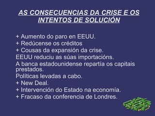 AS CONSECUENCIAS DA CRISE E OS
     INTENTOS DE SOLUCIÓN

+ Aumento do paro en EEUU.
+ Redúcense os créditos
+ Cousas da expansión da crise.
EEUU reduciu as súas importacións.
A banca estadounidense repartía os capitais
prestados.
Políticas levadas a cabo.
+ New Deal.
+ Intervención do Estado na economía.
+ Fracaso da conferencia de Londres.
 