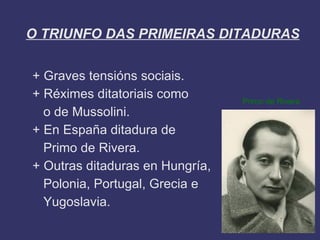 O TRIUNFO DAS PRIMEIRAS DITADURAS


+ Graves tensións sociais.
+ Réximes ditatoriais como       Primo de Rivera
  o de Mussolini.
+ En España ditadura de
  Primo de Rivera.
+ Outras ditaduras en Hungría,
  Polonia, Portugal, Grecia e
  Yugoslavia.
 