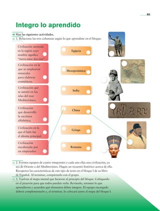 65
Integro lo aprendido
Haz las siguientes actividades.
1. Relaciona las tres columnas según lo que aprendiste en el bloque.
Egipcia
Mesopotámica
India
China
Griega
Romana
Civilización
encabezada por
un emperador.
Civilización en la
que el latín fue
el idioma principal.
Civilización
que desarrolló
la escritura
alfabética.
Civilización que
se asentó en las
islas del mar
Mediterráneo.
Civilización en la
que se emplearon
minerales
para elaborar
cosméticos.
Civilización asentada
en la región cuyo
nombre significa
“tierra entre dos ríos”.
2. Formen equipos de cuatro integrantes y cada uno elija una civilización, ya
sea de Oriente o del Mediterráneo. Hagan un recuento histórico acerca de ella.
Recuperen las características de este tipo de texto en el bloque I de su libro
de Español. Al terminar, compártanlo con el grupo.
3. Vuelvan al mapa mental que hicieron al principio del bloque. Colóquenlo
en el pizarrón para que todos puedan verlo. Revísenlo, retomen lo que
aprendieron y acuerden qué elementos deben integrar. El equipo encargado
deberá complementarlo y, al terminar, lo colocará junto al mapa del bloque I.
AB-HIST-6-p001-176.indd 65 12/12/11 11:46
 