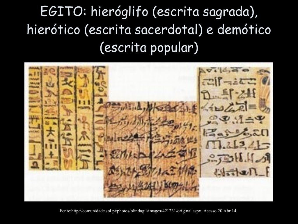 EGITO: hieróglifo (escrita sagrada),
hierótico (escrita sacerdotal) e demótico
(escrita popular)
Fonte:http://comunidade.s...