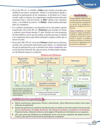 Unidad 4

•	 En el año 594 a.C. se nombró a Solón como arconte con poder para
   establecer una nueva constitución. Abolió la esclavitud por deudas y
   aumentó la participación de los ciudadanos, al dividirlos en 4 clases                                           Vocabulario
   sociales según su riqueza. Las magistraturas quedaron reservadas para
                                                                                                          Tiranía: régimen político donde
   la primera clase y creó un Consejo –la Bulé– abierto a las 3 primeras                                  una persona toma el poder por
   clases, y un tribunal de justicia –la Heliaia– donde podían participar                                 la fuerza, gracias a la ayuda de
   todos los ciudadanos.                                                                                  un sector de la población y
                                                                                                          gobierna al margen de la Cons-
•	 Los conflictos perduraban y las demandas de los más pobres seguían                                     titución.
   insatisfechas. En el año 561 a.C. Pisístrato tomó el poder en Atenas                                   Clases censitarias: se habla
   y gobernó como tirano durante 33 años. Realizó un vasto programa                                       de grupos o clases censitarias
   de obras públicas con lo que dio trabajo a muchas personas y repartió                                  cuando la clasificación de la
   a los campesinos tierras que había expropiado a algunos nobles que se                                  sociedad se basa en el patri-
                                                                                                          monio o riqueza. La palabra
   fueron al exilio.                                                                                      proviene de Censo, el momen-
•	 En los años 508–507 a.C. el arconte Clístenes realizó nuevas reformas,                                 to en que es registrado el pa-
   creando una constitución democrática para Atenas. Lo fundamental                                       trimonio de la población.
   fue que la participación ya no se basaba en las clases censitarias sino
   en una división territorial. En cada una de las 10 tribus había ciudada-
   nos de diferente riqueza y condición.
                                                                  Sistema de Clístenes
                        Magistrados                          Consejo de los 500 o Bulé
                         (anuales)                                  (anuales)                               Tribunales
                       Aplican las leyes                        Prepara y vota las leyes
                                       que corresponden a                                                             que se dividen en
                                                                              que
                                                                            forman               Heliaia                    Areópago
      10 estrategas*




                                            magistraturas
                                            secundarias




                                                                                              (Justicia civil)           (Justicia criminal)
                              10 arcontes




                                                                     50 miembros
                                               Otras




                                                                       por tribu              que componen la              que componen el
                                                                                              600 miembros
                                                                                                                           Ex - arcontes
                                                                             sortea             por tribu

                                                   sortea
                                                                Asamblea o Ecclesia           sortea
              elige                                             Discute y vota las leyes
                                                                                                                   No ciudadanos
 * Los estrategas son jefes del                                      compuesta por                                           corresponden a
   ejército. Hay un estratega prin-
   cipal. Son los magistrados más
                                                                                                                 Mujeres, menores de
                                                            Ciudadanos atenienses divididos                      18 años, extranjeros o
   importantes porque son los
                                                                en 10 tribus territoriales                        metecos y esclavos.
   únicos elegidos.


  Actividades de aprendizaje
 1. Define aristocracia, plutocracia, tiranía y democracia. ¿Qué diferencias existen entre estos
    sistemas de gobierno?
 2. Explica de qué forma la evolución de Atenas hacia un sistema más democrático fue favorecido
    por la colonización, el código de Dracón, las reformas de Solón y el gobierno de Pisístrato.
    Posteriormente, utilizando la técnica de la página 197, grafica la información en un esquema.
 3. ¿Por qué crees que Clístenes es considerado como uno de los creadores del sistema demo-
    crático? ¿De qué forma favoreció la participación ciudadana?


                                                                                                                      La civilización griega   107
 