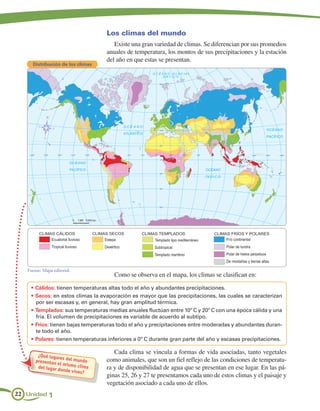 Los climas del mundo
                                         Existe una gran variedad de climas. Se diferencian por sus promedios
                                      anuales de temperatura, los montos de sus precipitaciones y la estación
                                      del año en que estas se presentan.
     Distribución de los climas




   Fuente: Mapa editorial.
                                         Como se observa en el mapa, los climas se clasifican en:
     •		Cálidos: tienen temperaturas altas todo el año y abundantes precipitaciones.
     •		Secos:	en estos climas la evaporación es mayor que las precipitaciones, las cuales se caracterizan
        por ser escasas y, en general, hay gran amplitud térmica.
     •		Templados: sus temperaturas medias anuales fluctúan entre 10º C y 20º C con una época cálida y una
        fría. El volumen de precipitaciones es variable de acuerdo al subtipo.
     •		Fríos: tienen bajas temperaturas todo el año y precipitaciones entre moderadas y abundantes duran-
        te todo el año.
     •		Polares: tienen temperaturas inferiores a 0º C durante gran parte del año y escasas precipitaciones.

        ¿Qué luga
                                         Cada clima se vincula a formas de vida asociadas, tanto vegetales
                  res del mu
       presentan
                 	el	mismo
                              ndo     como animales, que son un fiel reflejo de las condiciones de temperatu-
        del lugar d         	clima	   ra y de disponibilidad de agua que se presentan en ese lugar. En las pá-
                    onde v ive
                               s?
                                      ginas 25, 26 y 27 te presentamos cada uno de estos climas y el paisaje y
                                      vegetación asociado a cada uno de ellos.
22 Unidad 1
 