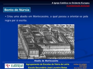 A Igreja Católica no Ocidente Europeu
                                                              A cristianização da Europa

Bento de Núrsia

• Criou uma abadia em Montecassino, a qual passou a orientar-se pela
regra por si escrita.
                                                  http://www.officine.it




                             Abadia de Montecassino
                   Agrupamento de Escolas de Vieira de Leiria              núcleo de estágio
                                                                                  HISTÓRIA
                        Escola Secundária José Loureiro Botas              Ano lectivo 06/07
 
