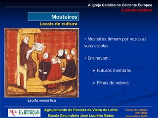 A Igreja Católica no Ocidente Europeu
                                                      A vida nos mosteiros

             Mosteiros
      Locais de cultura


                               • Mosteiros tinham por vezes as
                               suas escolas.

                               • Ensinavam:

                                       Futuros membros

                                       Filhos de nobres


Escola monástica

         Agrupamento de Escolas de Vieira de Leiria     núcleo de estágio
                                                               HISTÓRIA
           Escola Secundária José Loureiro Botas        Ano lectivo 06/07
 