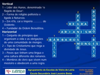 Vertical
1 – Líder dos Hunos, denominado “o                             3
  flagelo de Deus”.                                    2       R
2 – Forma de religião politeísta e
                                                       P       O
  ligada à Natureza.
                                                       A       M
3 – Em 476, cai o Império ........... do
  Ocidente.                                     1 R E G R A    A
4 – Fundador da Ordem Beneditina.                      A       N
Horizontal                                 2 A R I A N I S M O
1 – Conjunto de princípios que           1             I       4
  organizam a vida e as obrigações 3 B Á R B A R O S           B
  de uma comunidade de monges.                       4 M O N G E S
                                         T
2 – Tipo de Cristianismo que nega a
                                         I             O       N
  divindade de Jesus.
3 – Povos que tinham uma língua e        L                     T
  uma cultura diferente dos romanos.     A                     O
4 – Membros do clero que vivem num
  mosteiro e obedecem a uma regra.

                 Agrupamento de Escolas de Vieira de Leiria   núcleo de estágio
                                                                     HISTÓRIA
                   Escola Secundária José Loureiro Botas      Ano lectivo 06/07
 