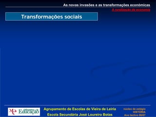 As novas invasões e as transformações económicas
                                               A ruralização da economia

Transformações sociais




        Agrupamento de Escolas de Vieira de Leiria    núcleo de estágio
                                                             HISTÓRIA
          Escola Secundária José Loureiro Botas       Ano lectivo 06/07
 