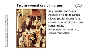 Escolas monásticas: os monges
As primeiras formas de
educação na Idade Média
são as escolas monásticas,
escolas dominicais e escolas
conventuais.
Na imagem um exemplo,
escola monástica.
Disponível
em:
<https://pt.slideshare.net/carla77/a-cultura-
monstica-cortes-e-popular-parte-1>Acesso
em
26
mai.
2020.
 