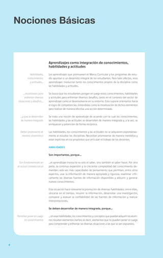 Nociones Básicas



                                Aprendizajes como integración de conocimientos,
                                habilidades y actitudes

               Habilidades,     Los aprendizajes que promueven el Marco Curricular y los programas de estu-
             conocimientos      dio apuntan a un desarrollo integral de los estudiantes. Para tales efectos, esos
               y actitudes…     aprendizajes involucran tanto los conocimientos propios de la disciplina como
                                las habilidades y actitudes.

          …movilizados para     Se busca que los estudiantes pongan en juego estos conocimientos, habilidades
           enfrentar diversas   y actitudes para enfrentar diversos desafíos, tanto en el contexto del sector de
     situaciones y desafíos…    aprendizaje como al desenvolverse en su entorno. Esto supone orientarlos hacia
                                el logro de competencias, entendidas como la movilización de dichos elementos
                                para realizar de manera efectiva una acción determinada.

       …y que se desarrollan    Se trata una noción de aprendizaje de acuerdo con la cual los conocimientos,
       de manera integrada      las habilidades y las actitudes se desarrollan de manera integrada y, a la vez, se
                                enriquecen y potencian de forma recíproca.

      Deben promoverse de       Las habilidades, los conocimientos y las actitudes no se adquieren espontánea-
       manera sistemática       mente al estudiar las disciplinas. Necesitan promoverse de manera metódica y
                                estar explícitas en los propósitos que articulan el trabajo de los docentes.

                                Habilidades


                                Son importantes, porque…

      Son fundamentales en      …el aprendizaje involucra no solo el saber, sino también el saber hacer. Por otra
    el actual contexto social   parte, la continua expansión y la creciente complejidad del conocimiento de-
                                mandan cada vez más capacidades de pensamiento que permitan, entre otros
                                aspectos, usar la información de manera apropiada y rigurosa, examinar críti-
                                camente las diversas fuentes de información disponibles y adquirir y generar
                                nuevos conocimientos.

                                Esta situación hace relevante la promoción de diversas habilidades; entre ellas,
                                ubicarse en el tiempo, resumir la información, desarrollar una investigación,
                                comparar y evaluar la confiabilidad de las fuentes de información y realizar
                                interpretaciones.

                                Se deben desarrollar de manera integrada, porque…

    Permiten poner en juego     …sin esas habilidades, los conocimientos y conceptos que puedan adquirir los alum-
          los conocimientos     nos resultan elementos inertes; es decir, elementos que no pueden poner en juego
                                para comprender y enfrentar las diversas situaciones a las que se ven expuestos.




8
 