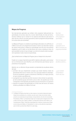 Mapas de Progreso

Son descripciones generales que señalan cómo progresan habitualmente los                         Describen
aprendizajes en las áreas clave de un sector determinado. Se trata de formu-                     sintéticamente
laciones sintéticas que se centran en los aspectos esenciales de cada sector. A                  cómo progresa el
partir de esto, ofrecen una visión panorámica sobre la progresión del aprendizaje                aprendizaje…
en los doce años de escolaridad4.

Los Mapas de Progreso no establecen aprendizajes adicionales a los definidos en                  …de manera
el Marco Curricular y los programas de estudio. El avance que describen expresa                  congruente con el
de manera más gruesa y sintética los aprendizajes que esos dos instrumentos                      Marco Curricular y los
establecen y, por lo tanto, se inscribe dentro de lo que se plantea en ellos. Su                 programas de estudio
particularidad consiste en que entregan una visión de conjunto sobre la progre-
sión esperada en todo el sector de aprendizaje.

¿Qué utilidad tienen los Mapas de Progreso para el trabajo de los docentes?

Pueden ser un apoyo importante para definir objetivos adecuados y para evaluar                   Sirven de apoyo para
(ver las Orientaciones para Planificar y las Orientaciones para Evaluar que se                   planificar y evaluar…
presentan en el programa).

Además, son un referente útil para atender a la diversidad de estudiantes dentro
del aula:
›	 permiten más que simplemente constatar que existen distintos niveles de                       …y para atender
   aprendizaje dentro de un mismo curso. Si se usan para analizar los desempe-                   la diversidad al
   ños de los estudiantes, ayudan a caracterizar e identificar con mayor precisión               interior del curso
   en qué consisten esas diferencias
›	 la progresión que describen permite reconocer cómo orientar los aprendiza-
   jes de los distintos grupos del mismo curso; es decir, de aquellos que no han
   conseguido el nivel esperado y de aquellos que ya lo alcanzaron o lo superaron
›	 expresan el progreso del aprendizaje en un área clave del sector, de manera
   sintética y alineada con el Marco Curricular




4	 Los Mapas de Progreso describen en siete niveles el crecimiento habitual del apren-
   dizaje de los estudiantes en un ámbito o eje del sector. Cada uno de estos niveles
   presenta una expectativa de aprendizaje correspondiente a dos años de escolaridad.
   Por ejemplo, el Nivel 1 corresponde al logro que se espera para la mayoría de los niños
   y niñas al término de 2° básico; el Nivel 2 corresponde al término de 4° básico, y así
   sucesivamente. El Nivel 7 describe el aprendizaje de un alumno o alumna que, al egre-
   sar de la Educación Media, es “sobresaliente”, es decir, va más allá de la expectativa
   para IV medio que describe el Nivel 6 en cada mapa.




                                                                    Séptimo Año Básico / Historia, Geografía y Ciencias Sociales   11
                                                                                                                Nociones Básicas
 