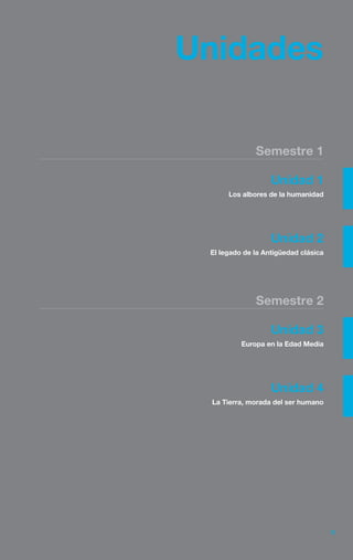 Unidades

              Semestre 1

                   Unidad 1
      Los albores de la humanidad




                   Unidad 2
 El legado de la Antigüedad clásica




              Semestre 2

                   Unidad 3
          Europa en la Edad Media




                   Unidad 4
 La Tierra, morada del ser humano




                                      33
 