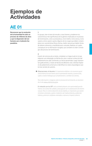 Ejemplos de
Actividades
AE 01
Reconocer que la evolución    	     1
de la humanidad ha sido un    	     En grupos, leen el texto de estudio u otras fuentes y establecen las
proceso de millones de años         características más significativas de los géneros implicados en el proceso
y que la dispersión del ser         de hominización, como australopitecus, homo habilis, homo erectus, homo
humano por el planeta fue           sapiens y homo sapiens sapiens. Algunos de los rasgos que deben contem-
paulatina.                          plarse son características físicas, fechas, medio natural que habitó, forma
                                    de obtener alimentos y manifestaciones culturales. Realizan un cuadro
                                    conceptual con la información recogida, que considere el orden cronoló-
                                    gico del proceso de hominización.

                              	2
                                  	 A partir de la lectura de un texto, completan un mapa mudo en el que
                                    elaboran una simbología con flechas de color e indican la dirección del
                                    poblamiento de cada continente y su fecha aproximada. Luego represen-
                                    tan gráficamente, a través de flechas de diferente color, distintas hipóte-
                                    sis de poblamiento americano e identifican los restos arqueológicos que
                                    les han servido de sustento.

                              !	 Observaciones al docente: Es importante enfatizar a los alumnos que el
                                 conocimiento de estos temas está en permanente revisión y construcción,
                                 sujeto a nuevos hallazgos que complementan o cambian las visiones.

                              	     Para información e imágenes sobre el proceso de hominización, se recomien-
                                    da el sitio www.artehistoria.jcyl.es

                              	     En relación con los OFT, esta actividad presenta una oportunidad para fo-
                                    mentar una actitud de cuidado y preocupación por la preservación del entorno
                                    natural. Para el correcto desarrollo de este objetivo, es importante que valoren
                                    iniciativas orientadas a paliar el deterioro del medioambiente y evidencien
                                    hábitos y prácticas cotidianas orientadas a atenuar el impacto sobre él.




                                                           Séptimo Año Básico / Historia, Geografía y Ciencias Sociales   39
                                                                                                              Unidad 1
 