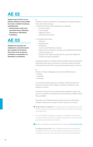 AE 02
     Explicar que la Tierra es un      	   1
     sistema dinámico que posibili-    	   Divididos en grupos, desarrollan una maqueta de una región del país y
     ta la vida, incluida la humana,       fichas descriptivas del lugar.
     considerando:                         ›	 Elementos mínimos para representar en la maqueta:
     ›	 interacciones entre com-              -	 formas de relieve
        ponentes físicos (litósfera,          -	 cursos de agua
        atmósfera e hidrósfera)               -	 vegetación, fauna
     ›	 la biósfera                           -	 asentamientos humanos



     AE 03                                 ›	 Contenido de las fichas:
                                              -	población
                                              -	precipitaciones
     Analizar los procesos de                 -	temperatura
     adaptación y transformación              -	 recurrencia de fenómenos naturales
     que resultan de la interac-              -	 influencia de los fenómenos naturales en la planificación de asenta-
     ción entre el ser humano y                  mientos humanos, etc.
     la litósfera, la atmósfera, la           -	 explicación del impacto que generan los procesos de adaptación
     hidrósfera y la biósfera.                   y cambio del espacio geográfico

                                       	   Cada grupo presenta su maqueta y fichas. El profesor guía una retroalimen-
                                           tación para extraer, junto a los alumnos, conclusiones respecto del dina-
                                           mismo del sistema de la Tierra, que permite la existencia del ser humano.

                                       	   2
                                       	   Buscan, en fuentes entregadas por el docente, definiciones de:
                                           ›	 litósfera
                                           ›	 hidrósfera
                                           ›	 atmósfera

                                       	   En una lluvia de ideas guiada por el profesor, identifican relaciones
                                           directas de influencia entre litósfera, atmósfera e hidrósfera, y dan
                                           ejemplos concretos.

                                       	   El docente introduce la flora y la fauna dentro del debate y ayuda a los
                                           alumnos a identificar las interrelaciones entre litósfera, atmósfera, hidrós-
                                           fera y la biósfera.

                                       	   Concluyen que la biósfera expresa la interacción que han discutido y
                                           resaltan la importancia de cuidar el entorno natural y sus recursos.

                                       !	 Observaciones al docente: En la presentación de las maquetas de la activi-
                                          dad N°1, el docente puede guiar la reflexión hacia el impacto de las personas
                                          en el medio físico.

                                       	   En la actividad N°2, el profesor concluye que, a medida que las interrelacio-
                                           nes mencionadas se tornan más complejas, ninguno de los componentes del
                                           geosistema puede aislarse de los demás.

                                           	Relación interdisciplinaria importante de esta unidad con Ciencias Naturales.

                                       	   En relación con los OFT: estas actividades permiten que los estudiantes
                                           manifiesten interés por conocer la realidad al aprender sobre la Tierra y sus
                                           subsistemas, y que usen esos conocimientos para comprender fenómenos



74
 