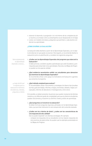›	 observar el desarrollo, la progresión o el crecimiento de las competencias de
                                   un alumno, al constatar cómo sus desempeños se van desplazando en el mapa
                                ›	 contar con modelos de tareas y preguntas que permitan a cada alumno evi-
                                   denciar sus aprendizajes

                                ¿Cómo diseñar la evaluación?


                                La evaluación debe diseñarse a partir de los Aprendizajes Esperados, con el obje-
                                to de observar en qué grado se alcanzan. Para lograrlo, se recomienda diseñar la
                                evaluación junto a la planificación y considerar las siguientes preguntas:

        Partir estableciendo    ›	 ¿Cuáles son los Aprendizajes Esperados del programa que abarcará la
            los Aprendizajes       evaluación?
       Esperados a evaluar…     	 Si debe priorizar, considere aquellos aprendizajes que serán duraderos y pre-
                                   rrequisitos para desarrollar otros aprendizajes. Para esto, los Mapas de Progre-
                                   so pueden ser de especial utilidad

                                ›	 ¿Qué evidencia necesitarían exhibir sus estudiantes para demostrar
                                   que dominan los Aprendizajes Esperados?
                                	 Se recomienda utilizar como apoyo los Indicadores de Evaluación sugeridos
                                   que presenta el programa.

        …y luego decidir qué    ›	 ¿Qué método empleará para evaluar?
          se requiere para su   	 Es recomendable utilizar instrumentos y estrategias de diverso tipo (pruebas
     evaluación en términos        escritas, guías de trabajo, informes, ensayos, entrevistas, debates, mapas con-
     de evidencias, métodos,       ceptuales, informes de laboratorio e investigaciones, entre otros).
        preguntas y criterios
                                En lo posible, se deben presentar situaciones que pueden resolverse de distintas
                                maneras y con diferente grado de complejidad, para que los diversos estudiantes
                                puedan solucionarlas y muestren sus distintos niveles y estilos de aprendizaje.

                                ›	 ¿Qué preguntas se incluirá en la evaluación?
                                	 Se deben formular preguntas rigurosas y alineadas con los Aprendizajes Espe-
                                   rados, que permitan demostrar la real comprensión del contenido evaluado

                                ›	 ¿Cuáles son los criterios de éxito?, ¿cuáles son las características de
                                   una respuesta de alta calidad?
                                	 Esto se puede responder con distintas estrategias. Por ejemplo:
                                   -	 comparar las respuestas de sus estudiantes con las mejores respuestas de
                                      otros alumnos de edad similar. Se pueden usar los ejemplos presentados en
                                      los Mapas de Progreso




20
 