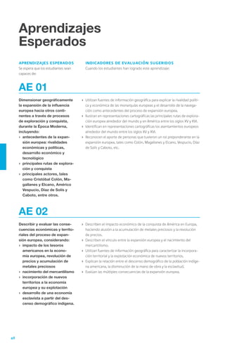 Aprendizajes
     Esperados
     aprendizajes esperados                 indicadores de evaluación sugeridos
     Se espera que los estudiantes sean     Cuando los estudiantes han logrado este aprendizaje:
     capaces de:



     AE 01
     Dimensionar geográficamente          ›	 Utilizan fuentes de información geográfica para explicar la rivalidad políti-
     la expansión de la influencia           ca y económica de las monarquías europeas y el desarrollo de la navega-
     europea hacia otros conti-              ción como antecedentes del proceso de expansión europea.
     nentes a través de procesos          ›	 Ilustran en representaciones cartográficas las principales rutas de explora-
     de exploración y conquista,             ción europea alrededor del mundo y en América entre los siglos XV y XVI.
     durante la Época Moderna,            ›	 Identifican en representaciones cartográficas los asentamientos europeos
     incluyendo:                             alrededor del mundo entre los siglos XV y XVI.
     ›	 antecedentes de la expan-         ›	 Reconocen el aporte de personas que tuvieron un rol preponderante en la
        sión europea: rivalidades            expansión europea, tales como Colón, Magallanes y Elcano, Vespucio, Díaz
        económicas y políticas,              de Solís y Caboto, etc.
        desarrollo económico y
        tecnológico
     ›	 principales rutas de explora-
        ción y conquista
     ›	 principales actores, tales
        como Cristóbal Colón, Ma-
        gallanes y Elcano, Américo
        Vespucio, Díaz de Solís y
        Caboto, entre otros.



     AE 02
     Describir y evaluar las conse-       ›	 Describen el impacto económico de la conquista de América en Europa,
     cuencias económicas y territo-          haciendo alusión a la acumulación de metales preciosos y la revolución
     riales del proceso de expan-            de precios.
     sión europea, considerando:          ›	 Describen el vínculo entre la expansión europea y el nacimiento del
     ›	 impacto de los tesoros               mercantilismo.
        americanos en la econo-           ›	 Utilizan fuentes de información geográfica para caracterizar la incorpora-
        mía europea, revolución de           ción territorial y la explotación económica de nuevos territorios.
        precios y acumulación de          ›	 Explican la relación entre el descenso demográfico de la población indíge-
        metales preciosos                    na americana, la disminución de la mano de obra y la esclavitud.
     ›	 nacimiento del mercantilismo      ›	 Evalúan las múltiples consecuencias de la expansión europea.
     ›	 incorporación de nuevos
        territorios a la economía
        europea y su explotación
     ›	 desarrollo de una economía
        esclavista a partir del des-
        censo demográfico indígena.




48
 