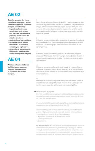 AE 02
     Describir y evaluar las conse-    	   1
     cuencias económicas y territo-    	   Leen crónicas del descubrimiento de América y analizan mapas del siglo
     riales del proceso de expansión       XVI, dando argumentos de la elección de sus fuentes. Luego escriben un
     europea, considerando:                ensayo, refiriéndose a los cambios europeos respecto del nuevo cono-
     ›	 impacto de los tesoros             cimiento del mundo, al aumento de las riquezas y los cambios econó-
        americanos en la econo-            micos, y a los nuevos habitantes y nuevas especies, a raíz del descubri-
        mía europea, revolución de         miento de América.
        precios y acumulación de       	
        metales preciosos              	   2
     ›	 nacimiento del mercantilismo   	   El docente proporciona datos sobre el descenso de la población indígena
     ›	 incorporación de nuevos            en la época en estudio. Los alumnos investigan sobre las causas de este
        territorios a la economía          fenómeno. Discuten en grupos sobre sus consecuencias en el mundo
        europea y su explotación           contemporáneo.
     ›	 desarrollo de una economía
        esclavista a partir del des-   	   3
        censo demográfico indígena.    	   El docente proporciona información acerca de poblaciones indígenas
                                           actuales en América. Los alumnos investigan algunas de ellas. Discuten en

     AE 04                                 grupos sobre conceptos de continuidad y cambio respecto de la época
                                           precolombina.

     Analizar críticamente textos      	   4
     de historia que presenten         	   El docente proporciona información de la llegada de esclavos africanos
     distintas visiones sobre              a América. Los alumnos investigan las consecuencias de este fenómeno.
     la expansión del mundo                Discuten en grupos aspectos de la cultura americana que provienen de la
     europeo.                              influencia africana.

                                       	   5
                                       	   Investigan las características y consecuencias del intercambio comercial
                                           entre América y Europa, justificando la elección de las fuentes que utili-
                                           cen. En grupos, presentan la información con material gráfico.



                                       !	 Observaciones al docente:
                                       	 En el sitio www.bibliotecasvirtuales.com/biblioteca/Literaturadelaconquista/
                                          CartasdeColon.asp se encuentran fuentes para conocer la reacción de Cristó-
                                          bal Colón ante el Nuevo Mundo.

                                       	En www.memoriachilena.cl/temas/index.asp?id_ut=cosmografiasamericanas
                                        se encuentran descripciones geográficas del siglo XVI.

                                       	   La actividad N° 2 puede dar pie a un debate sobre las posturas frente a los
                                           pueblos indígenas americanos. Se propone la siguiente estructura básica:
                                       	   1. Introducción: presentación de las distintas posturas
                                       	   2. Argumentación: desarrollo de ideas en torno al tema
                                       	   3. Contraargumentación
                                       	   4. Conclusiones.

                                       	   En relación con los OFT: esta actividad permite a los estudiantes ampliar su
                                           conocimiento de la realidad social, entendiendo que se configura histórica-
                                           mente. Es especialmente importante que los estudiantes comprendan aque-
                                           llos elementos de continuidad histórica, derivados de la expansión europea,
                                           que puedan explicar parte de su presente (idioma, religión, alimentación, etc.).




52
 
