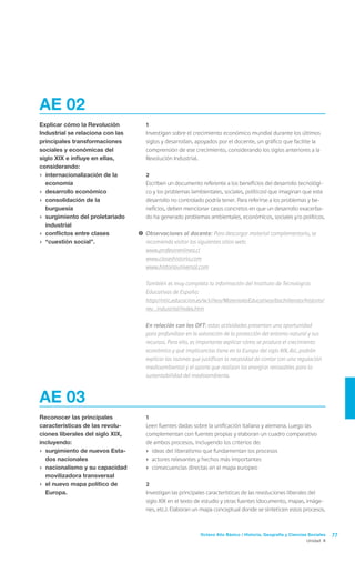 AE 02
Explicar cómo la Revolución       	1
Industrial se relaciona con las   	   Investigan sobre el crecimiento económico mundial durante los últimos
principales transformaciones          siglos y desarrollan, apoyados por el docente, un gráfico que facilite la
sociales y económicas del             comprensión de ese crecimiento, considerando los siglos anteriores a la
siglo XIX e influye en ellas,         Revolución Industrial.
considerando:
›	 internacionalización de la     	2
   economía                       	   Escriben un documento referente a los beneficios del desarrollo tecnológi-
›	 desarrollo económico               co y los problemas (ambientales, sociales, políticos) que imaginan que este
›	 consolidación de la                desarrollo no controlado podría tener. Para referirse a los problemas y be-
   burguesía                          neficios, deben mencionar casos concretos en que un desarrollo exacerba-
›	 surgimiento del proletariado       do ha generado problemas ambientales, económicos, sociales y/o políticos.
   industrial
›	 conflictos entre clases        !	 Observaciones al docente: Para descargar material complementario, se
›	 “cuestión social”.                recomienda visitar los siguientes sitios web:
                                  	 www.profesorenlinea.cl
                                  	 www.claseshistoria.com
                                  	 www.historiauniversal.com

                                  	   También es muy completa la información del Instituto de Tecnologías
                                      Educativas de España:
                                  	   http://ntic.educacion.es/w3//eos/MaterialesEducativos/bachillerato/historia/
                                      rev_industrial/index.htm

                                  	   En relación con los OFT: estas actividades presentan una oportunidad
                                      para profundizar en la valoración de la protección del entorno natural y sus
                                      recursos. Para ello, es importante explicar cómo se produce el crecimiento
                                      económico y qué implicancias tiene en la Europa del siglo XIX. Así, podrán
                                      explicar las razones que justifican la necesidad de contar con una regulación
                                      medioambiental y el aporte que realizan las energías renovables para la
                                      sustentabilidad del medioambiente.



AE 03
Reconocer las principales         	1
características de las revolu-    	   Leen fuentes dadas sobre la unificación italiana y alemana. Luego las
ciones liberales del siglo XIX,       complementan con fuentes propias y elaboran un cuadro comparativo
incluyendo:                       	   de ambos procesos, incluyendo los criterios de:
›	 surgimiento de nuevos Esta-        ›	 ideas del liberalismo que fundamentan los procesos
   dos nacionales                     ›	 actores relevantes y hechos más importantes
›	 nacionalismo y su capacidad        ›	 consecuencias directas en el mapa europeo
   movilizadora transversal
›	 el nuevo mapa político de      	2
   Europa.                        	   Investigan las principales características de las revoluciones liberales del
                                      siglo XIX en el texto de estudio y otras fuentes (documento, mapas, imáge-
                                      nes, etc.). Elaboran un mapa conceptual donde se sinteticen estos procesos.



                                                             Octavo Año Básico / Historia, Geografía y Ciencias Sociales   77
                                                                                                               Unidad 4
 
