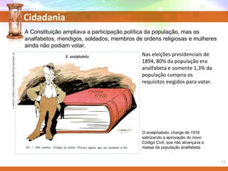 Cidadania
A Constituição ampliava a participação política da população, mas os
analfabetos, mendigos, soldados, membros de ordens religiosas e mulheres
ainda não podiam votar.
O analphabeto, charge de 1916
satirizando a aprovação do novo
Código Civil, que não alcançava a
massa da população analfabeta.
Nas eleições presidenciais de
1894, 80% da população era
analfabeta e somente 1,3% da
população cumpria os
requisitos exigidos para votar.
J.CARLOS/CARETA/FUNDAÇÃOBIBLIOTECANACIONAL,RJ.
11
 