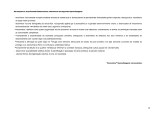 Na sequência da actividade desenvolvida, relevam-se as seguintes aprendizagens:


- reconhecer na sociedade europeia medieval factores de coesão que se sobrepuseram às permanentes diversidades político-regionais, distinguindo a importância
  da Igreja nesse processo;
- reconhecer no surto demográfico do século XIII, na expansão agrária que o acompanhou e no paralelo desenvolvimento urbano, o desencadear de mecanismos
  favorecedores de intercâmbios de ordem local, regional e civilizacional;
- **reconhecer o senhorio como quadro organizador da vida económica e social no mundo rural tradicional, caracterizando as formas de dominação exercidas sobre
  as comunidades campesinas;
- **compreender a especificidade da sociedade portuguesa concelhia, distinguindo a diversidade de estatutos dos seus membros e as modalidades de
  relacionamento com o poder régio e os poderes senhoriais;
- **interpretar a afirmação do poder régio em Portugal como elemento estruturante da coesão do país concelhio e do país senhorial e promotor de missões de
  prestígio e de autonomia do Reino no contexto da cristandade ibérica;
- **compreender as atitudes e os quadros mentais que enformam a sociedade da época, distinguindo cultura popular de cultura erudita;
- desenvolver a sensibilidade estética através da identificação e apreciação de obras artísticas do período medieval;
- valorizar formas de organização colectiva da vida em sociedade.




                                                                                                                        *Conceitos/**Aprendizagens estruturantes




                                                                                                                                                                   28
 