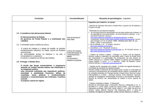 Conteúdos                                    Conceitos/Noções                   Situações de aprendizagens - sugestões

                                                                                        Sugestões para trabalhos em equipa:

                                                                                        - Recolha de memórias orais sobre o Estado Novo, a guerra civil de Espanha, a
                                                                                        2ª guerra mundial.

                                                                                        - Realização de uma pequena biografia:
                                                                                        • de uma figura feminina representativa da luta pelos direitos das mulheres ou
2.3. A resistência das democracias liberais
                                                                                           da assunção de uma causa política – ao nível mundial ou nacional - p. ex.,
                                                                                           Emmeline Pankhurst, recurso a
  - O intervencionismo do Estado.                                 Intervencionismo*        http://www.spartacus.schoolnet.co.uk/wpankhurstE.htm; ou Rosa
  - Os governos de Frente Popular e a mobilização dos             New Deal                 Luxemburgo, recurso a http://www.marxists.org/archive/luxemburg/; recurso,
    cidadãos.                                                                              para Portugal, a R. W. N. Lamas (1995). Mulheres para além do seu
                                                                                           tempo. Lisboa: Livraria Bertrand;
2.4. A dimensão social e política da cultura                                            • de um cientista, p. ex., A. Einstein, recurso a
                                                                                           http://www.westegg.com/einstein/;
  -  A cultura de massas e o desejo de evasão; os grandes                               • de políticos, p. ex., Roosevelt, recurso a
                                                                                           http://www.spartacus.schoolnet.co.uk/USA.html, ou W. Churchill, recurso a
    entretenimentos colectivos; os media, veículo de modelos      Cultura de massas        http://www.winstonchurchill.org.
    socioculturais.                                               Estandardização de
  - As preocupações sociais na literatura e na arte; o            comportamentos        - Trabalho de síntese e debate – Portugal e a Guerra Civil de Espanha.
    funcionalismo e o urbanismo.                                  Media                 Recolha, análise e tratamento da informação sobre o apoio do Estado Novo
  - A cultura e o desporto ao serviço dos Estados.                Funcionalismo         aos nacionalistas e a participação dos portugueses nos dois campos do
                                                                  Realismo socialista   conflito. Recurso a C. Oliveira (1988). Salazar e a Guerra Civil de Espanha,
2.5. Portugal: o Estado Novo                                                            Lisboa: Edições “O Jornal”; a J. V. Moutinho (1998). No Pasarán!, Lisboa:
                                                                                        Editorial Notícias; e a http://burn.ucsd.edu/scw.htm.
  -   O triunfo das forças conservadoras; a progressiva
                                                                                        - Trabalho escrito, exposição oral e debate - A mulher nos regimes fascistas ou
      adopção do modelo fascista italiano nas instituições e                            A formação da juventude nos regimes fascistas.
      no imaginário político.                                                           Recolha, análise e tratamento de informação sobre a mulher ou a educação da
  -   Uma economia submetida aos imperativos políticos:                                 juventude e enquadramento nas sociedades alemã e italiana; comparação com
      prioridade à estabilidade financeira; defesa da                                   as condições existentes em Portugal durante o Estado Novo. Recurso a obras
      ruralidade; obras públicas e condicionamento                                      historiográficas e a fontes – discursos políticos, livros didácticos, imprensa,
      industrial; a corporativização dos sindicatos. A política                         cartazes de propaganda, representação na pintura e documentários filmados.
      colonial.                                                                         Recolha de memória oral. Apresentação do trabalho à turma, seguida de
                                                                                        debate.
  -   O projecto cultural do regime.
                                                                                        - Trabalho multimédia e debate - O Holocausto.
                                                                                        Recolha de informação sobre o Holocausto. Recurso a bibliografia (p. ex., S.
                                                                                        Bruchfeld e P. Levine (2000). Contai aos Vossos Filhos... Um Livro Sobre o
                                                                                        Holocausto na Europa, 1933-1945. Lisboa: Gótica; P. Levi (1988). Se Isto é Um
                                                                                        Homem. Lisboa: Editorial Teorema; Otto Rosenberg (2001). A Lente de
                                                                                        Aumento, Os Ciganos no Holocausto. Lisboa: Âncora Editora) e à internet -




                                                                                                                                                                      50
 