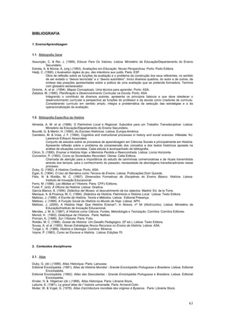 BIBLIOGRAFIA

1. Ensino/Aprendizagem


1.1. Bibliografia Geral

Assunção, C. & Rei, J. (1999). Educar Para Os Valores. Lisboa: Ministério da Educação/Departamento do Ensino
           Secundário.
Estrela, A. & Nóvoa, A. (org.) (1993). Avaliações em Educação: Novas Perspectivas. Porto: Porto Editora.
Hadji, C. (1990). L'évaluation règles du jeu, des intentions aux outils. Paris: ESF.
           Obra de reflexão sobre as funções da avaliação e o problema da construção dos seus referentes, no sentido
           de ser evitado o “desvio tecnicista” e o “desvio autoritário”. Inclui diversos quadros, do autor e de outros, de
           síntese das posições apresentadas sobre a prática de uma avaliação que se pretende formadora. Termina
           com glossário esclarecedor.
Ontoria, A. et al. (1994). Mapas Conceptuais, Uma técnica para aprender. Porto: ASA.
Zabalza, M. (1990). Planificação e Desenvolvimento Curricular na Escola. Porto: ASA.
           Integrando o contributo de diversos autores, apresenta os princípios básicos a que deve obedecer o
           desenvolvimento curricular e perspectiva as funções do professor e da escola como criadores de currículo.
           Considerando currículo em sentido amplo, integra a problemática da selecção das estratégias e a da
           operacionalização da avaliação.


1.2. Bibliografia Específica da História

Almeida, A. M. et al. (1998). O Património Local e Regional, Subsídios para um Trabalho Transdisciplinar. Lisboa:
           Ministério da Educação/Departamento do Ensino Secundário.
Bourdé, G. & Martin, H. (1990). As Escolas Históricas. Lisboa: Europa-América.
Carretero, M. & Voss, J. F. (1994). Cognitive and instructional processes in history and social sciences. Hillsdale: NJ:
           Lawrence Erlbaum Associates.
           Conjunto de estudos sobre os processos de aprendizagem em Ciências Sociais e principalmente em História.
           Apresenta reflexão sobre o problema da compreensão dos conceitos e dos textos históricos apoiada na
           análise de situações concretas. Cada estudo é acompanhado de bibliografia.
Citron, S. (1990). Ensinar a História Hoje: a Memória Perdida e Reencontrada. Lisboa: Livros Horizonte.
Connerton, P. (1993). Como as Sociedades Recordam. Oeiras: Celta Editora.
           Chamada de atenção para a importância do estudo de cerimónias comemorativas e de rituais transmitidos
           através dos tempos, para o conhecimento do passado; necessidade de abordagens transdisciplinares nesse
           processo.
Duby, G. (1992). A História Continua. Porto: ASA.
Egan, K. (1994). O Uso da Narrativa como Técnica de Ensino. Lisboa: Publicações Dom Quixote.
Félix, N. & Roldão, M. C. (1997). Dimensões Formativas de Disciplinas do Ensino Básico: História. Lisboa:
           Instituto de Inovação Educacional.
Ferro, M. (1996). Les Médias et l´Histoire. Paris: CFPJ Editions.
Furet, F. (s/d). A Oficina da História. Lisboa: Gradiva.
García Blanco, Á. (1994). Didáctica del Museo: el descubrimento de los objectos. Madrid: Ed. de la Torre.
Manique, A. & Proença, M. C. (1994). Didáctica da História: Património e História Local. Lisboa: Texto Editora.
Mattoso, J. (1988). A Escrita da História, Teoria e Métodos. Lisboa: Editorial Presença.
Mattoso, J. (1999). A Função Social da História no Mundo de Hoje. Lisboa: APH.
Mattoso, J. (2000). A História Hoje: Que História Ensinar?, in Noesis, nº 54 (Abril/Junho). Lisboa: Ministério da
           Educação/Instituto de Inovação Educacional.
Mendes, J. M. A. (1987). A História como Ciência. Fontes, Metodologia e Teorização. Coimbra: Coimbra Editores.
Moniot, H. (1993). Didactique de l’Histoire. Paris: Nathan.
Pomian, K. (1999). Sur l´Histoire. Paris: Folio.
Roldão, M. C. (1998). Gostar de História: Um Desafio Pedagógico. (5ª ed.). Lisboa: Texto Editora.
Sousa, A. et al. (1993). Novas Estratégias Novos Recursos no Ensino da História. Lisboa: ASA.
Torgal, L. R. (1989). História e Ideologia. Coimbra: Minerva.
Veyne, P. (1983). Como se Escreve a História. Lisboa: Edições 70.



2. Conteúdos disciplinares


2.1. Atlas

Duby, G. (dir.) (1999). Atlas Historique. Paris: Larousse.
Editorial Enciclopédia. (1991). Atlas da História Mundial - Grande Enciclopédia Portuguesa e Brasileira. Lisboa: Editorial
           Enciclopédia.
Editorial Enciclopédia. (1992). Atlas das Descobertas - Grande Enciclopédia Portuguesa e Brasileira. Lisboa: Editorial
           Enciclopédia.
Kinder, H. & Hilgeman (dir.) (1968). Atlas Historique. Paris: Librairie Stock.
Ladurie, E. (1981). Le grand atlas de l’ histoire universelle. Paris: Armand-Colin.
Muller, W. & Vogel, G. (1978). Atlas d’architecture mondiale des origines à Byzance. Paris: Librairie Stock.




                                                                                                                        63
 