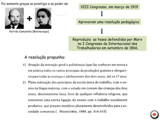 +
Partido Comunista (Bolchevique)
VIII Congresso, em março de 1919
Aprovaram uma resolução pedagógica
Reproduzia as teses defendidas por Marx
no I Congresso da Internacional dos
Trabalhadores em setembro de 1866.
A resolução propunha:
Foi somente graças ao prestigio e ao poder de:
 