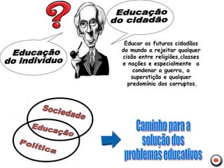 Educar os futuros cidadãos
do mundo a rejeitar qualquer
cisão entre religiões,classes
e nações e especialmente a
condenar a guerra, a
superstição e qualquer
predomínio dos corruptos.
 