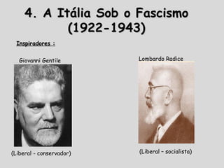 4. A Itália Sob o Fascismo4. A Itália Sob o Fascismo
(1922-1943)(1922-1943)
Inspiradores :Inspiradores :
Giovanni Gentile
(Liberal - conservador)
Lombardo Radice
(Liberal – socialista)
 