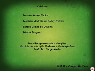 Joseane karine Tobias
Joselaine Andréia de Godoy Stênico
Sandra Gomes de Oliveira
Tábata Bergonci
Créditos:
Trabalho apresentado a disciplina:
História da educação Moderna e Contemporânea
Prof. Dr. Jorge Mialhe
UNESP – Campus Rio Claro.
 