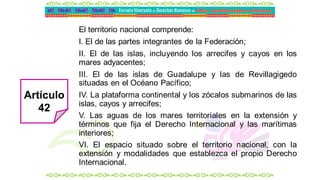 El territorio nacional comprende:
I. El de las partes integrantes de la Federación;
II. El de las islas, incluyendo los arrecifes y cayos en los
mares adyacentes;
III. El de las islas de Guadalupe y las de Revillagigedo
situadas en el Océano Pacífico;
IV. La plataforma continental y los zócalos submarinos de las
islas, cayos y arrecifes;
V. Las aguas de los mares territoriales en la extensión y
términos que fija el Derecho Internacional y las marítimas
interiores;
VI. El espacio situado sobre el territorio nacional, con la
extensión y modalidades que establezca el propio Derecho
Internacional.
Artículo
42
 
