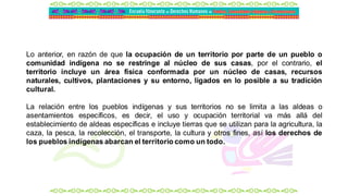 Lo anterior, en razón de que la ocupación de un territorio por parte de un pueblo o
comunidad indígena no se restringe al núcleo de sus casas, por el contrario, el
territorio incluye un área física conformada por un núcleo de casas, recursos
naturales, cultivos, plantaciones y su entorno, ligados en lo posible a su tradición
cultural.
La relación entre los pueblos indígenas y sus territorios no se limita a las aldeas o
asentamientos específicos, es decir, el uso y ocupación territorial va más allá del
establecimiento de aldeas específicas e incluye tierras que se utilizan para la agricultura, la
caza, la pesca, la recolección, el transporte, la cultura y otros fines, así los derechos de
los pueblos indígenas abarcan el territorio como un todo.
 